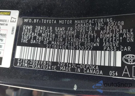 2009 Toyota Corolla Le z USA, uszkodzony, nr VIN 2T1BU40E19C120327